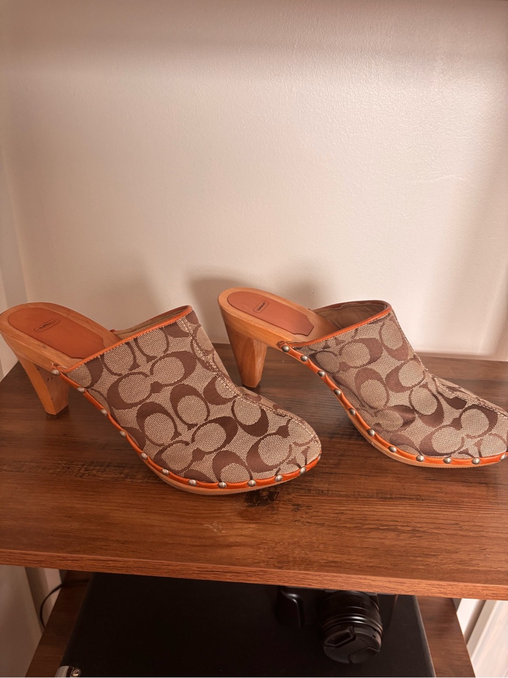 Coach Signature Canvas Clog Mules in Beige with Orange Trim